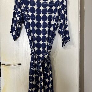 Blue and White Wrap Dress with Bateau Neckline